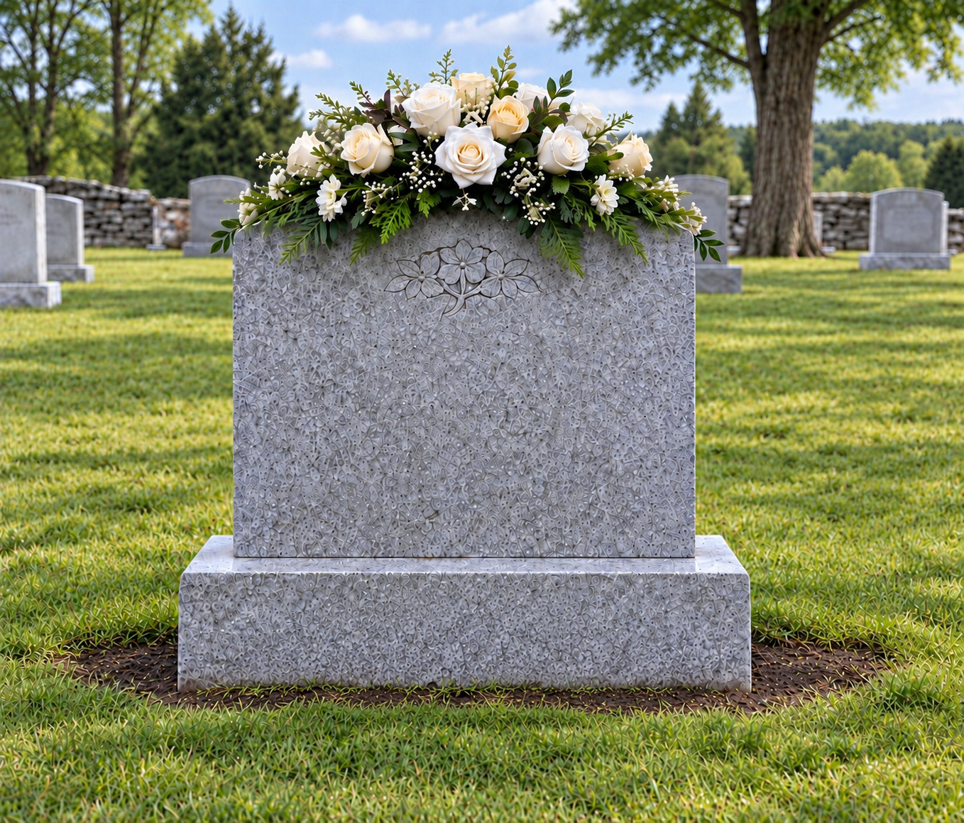 Generated concept illustration of the same fictional upright memorial after care, with one floral saddle across the top